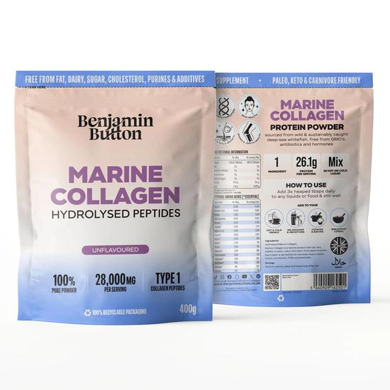Benjamin Button Marine Collagen Powder Hydrolysed Peptides From Wild-Caught Fish 93% Protein High In Glycine & Proline Keto & Paleo Friendly, Hair, Skin, Joint & Bone Support Benjamin Button