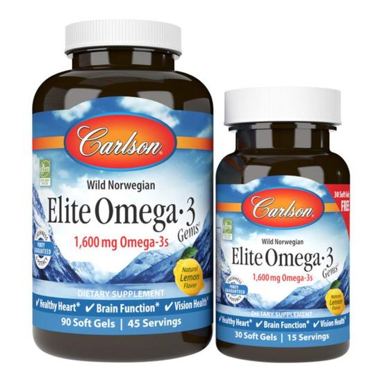 Carlson Labs Elite Omega-3 Gems 1600mg Natural Lemon Softgels + 30 90 Softgels