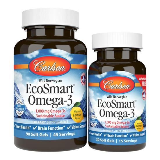 Carlson Labs Smart Omega-3 1000mg Natural Lemon Softgels + 30 90 Softgels