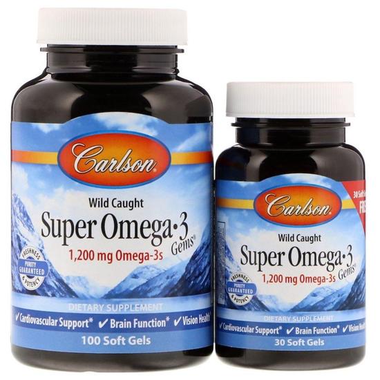 Carlson Labs Wild Caught Super Omega-3 Gems 1200mg Softgels + 30 100 Softgels