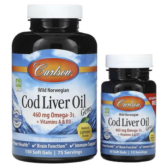 Carlson Labs Wild Norwegian Cod Liver Oil Gems 460mg Softgels + 30 150 Softgels