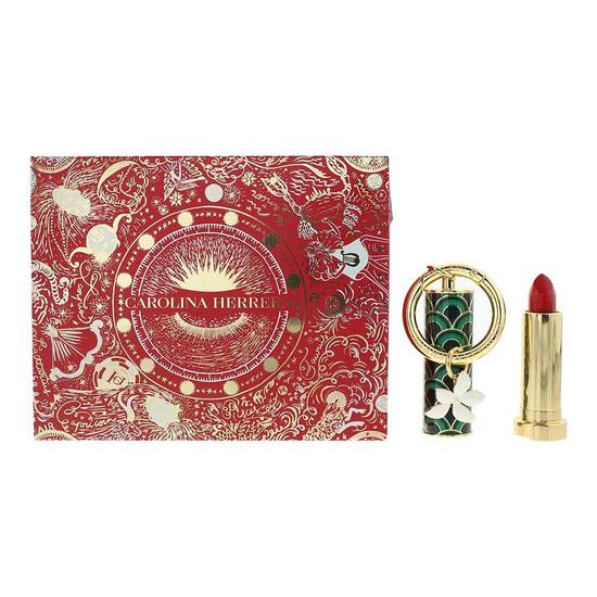 Carolina Herrera Fabulous Kiss Gift Set: Satin Red 310 Lipstick Jasmine Charm Green Waves Cap 3 Piece