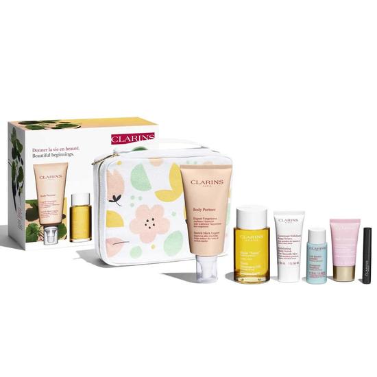 Clarins Beautiful Beginnings Marternity Gift Set: Body Oil 100ml Body Scrub 30ml Day Cream 15ml Legs Emulsion 30ml Mascara 3ml Body 5 Piece