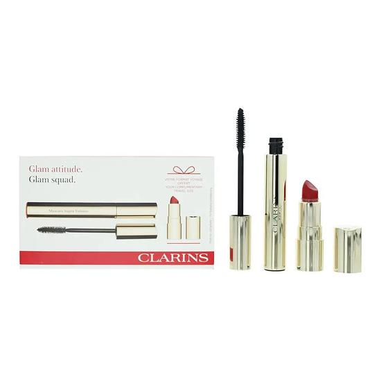 Clarins Glam Attitude Gift Set: Mascara Super Volume 01 Intense Black 8ml Mini Joli Rouge Velvet 742 Lipstick 1.5g 2 Piece