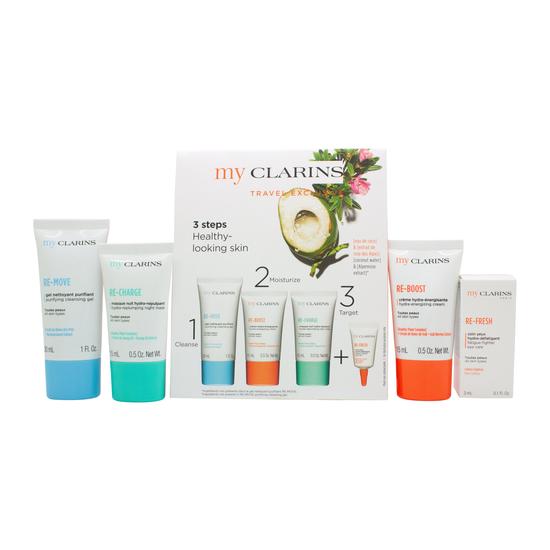 Clarins Grab & Go Set 30ml Cleansing Gel + 15ml Reboost Cream + 15ml Recharge Mask + 3ml Eye Treatment