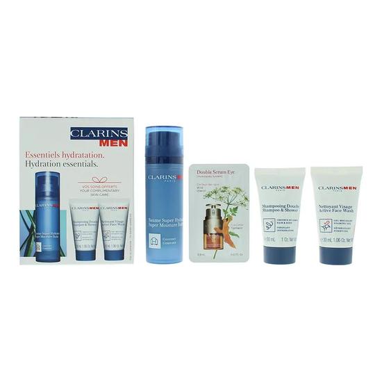 Clarins Hydration Essentials Gift Set: Balm 50ml Shower Gel Shampoo 30ml Face Wash 30ml Double Eye Serum 0.9ml 4 Piece