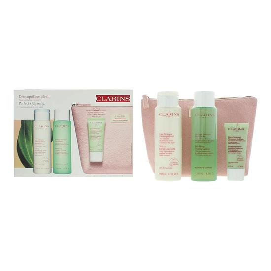 Clarins Perfect Cleansing Combination To Oily Skin Gift Set: Cleansing Milk 200ml Toning Lotion 200ml Foaming Cleanser 30ml Pouch 4 Piece