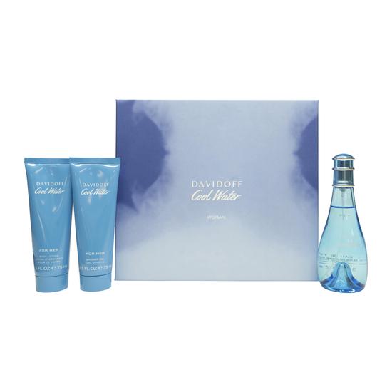 Davidoff Cool Water Woman Gift Set 100ml Eau De Toilette + 75ml Body Lotion + 75ml Shower Gel