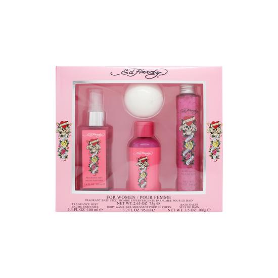 Ed Hardy Women Gift Set 100ml Body Mist 50ml Body Wash 50ml Body Lotion 75g Bath Fizz