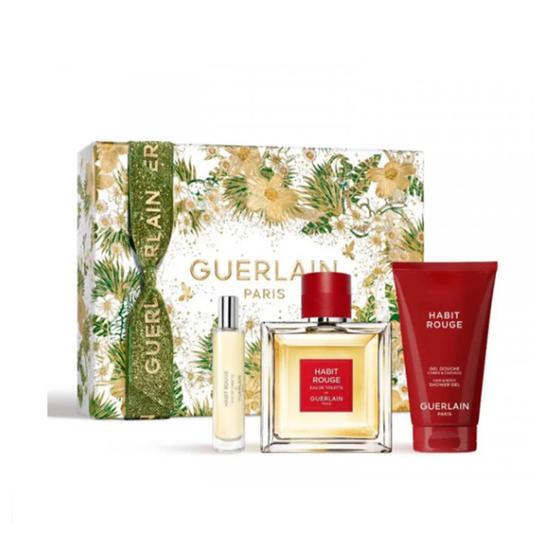 GUERLAIN Habit Rouge Men's Eau De Toilette Gift Set Spray 100ml With 75ml Shower Gel + 10ml Eau De Toilette