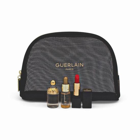 GUERLAIN Lipstick, Fragrance & Serum 3 Piece Travel Set Black Bag Imperfect Box