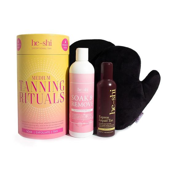 He-Shi Tanning Rituals 4 Pc Gift Set Includes Tan, Mitt, Exfoliating Glove & Tan Remover Bubble Bath