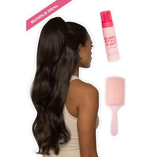 LullaBellz Blow Dry 16" Claw Clip Pony + Hair Care Bundle BLACKS | JET BLACK