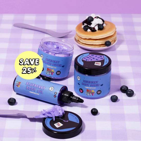 Mallows Beauty Blueberry Scrub, Shave & Oil Trio