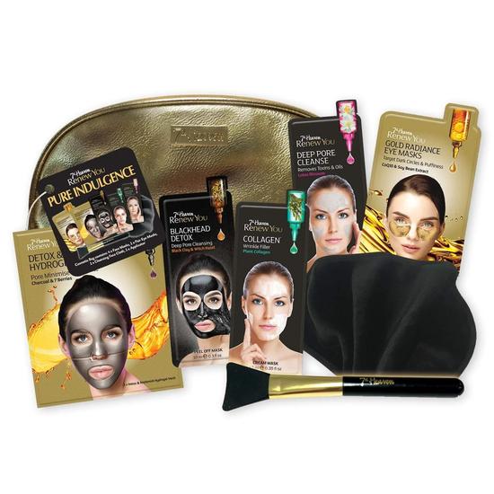 Montagne Jeunesse Renew You Pure Indulgence Gift Set Renew You Masks + Gold Cosmetics Bag + Soft Black Cleansing Face Cloth + Black Silicon Mask Applicator