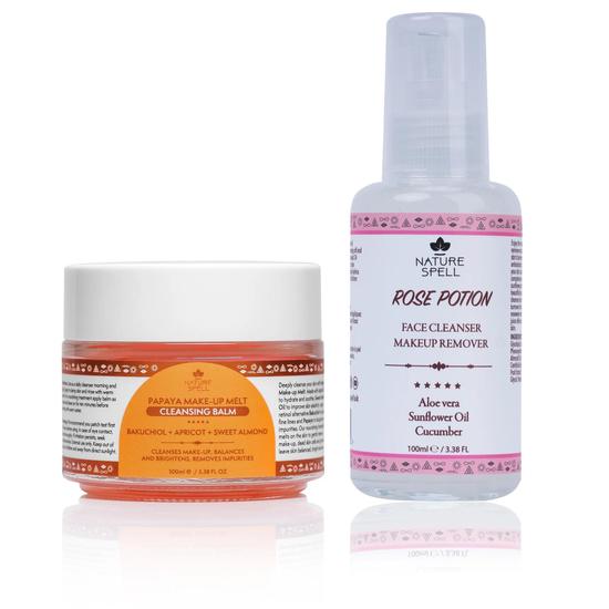 Nature Spell Double Cleansing Duo: Papaya Make-up Melt Cleansing Balm & Rose Aloe Vera Facial Cleanser 100ml