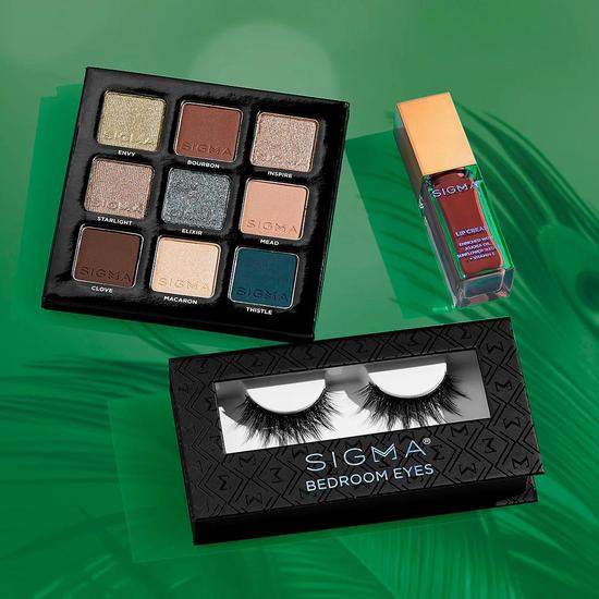 Sigma Beauty Brazilian Bombshell Beauty Set IVY EYESHADOW PALETTE + BEDROOM EYES FALSE LASHES + Dapper - Warm hibiscus neutral creamy sheen Lip Cream