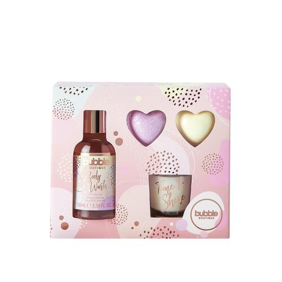 Style & Grace Bubble Boutique Relax & Bathe Gift Set 100ml Body Wash + Heart Bath Fizzer + 30g Candle + Votive 2 x 20g