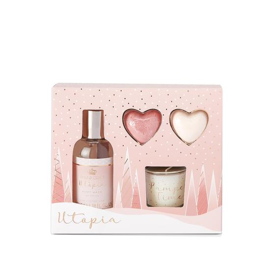 Style & Grace Utopia Relax & Bathe Gift Set 100ml Body Wash + Heart Bath Fizzer + 30g Candle 2 x 20g