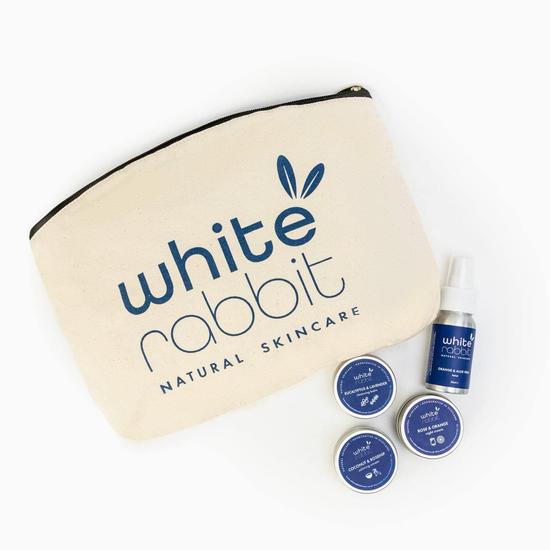 White Rabbit Skin Care Travel Kit Skin Care Minis Coconut & Rosehip Calming Cream / Comfort Cleansing Balm / Cosmetic Bag (+PS3)