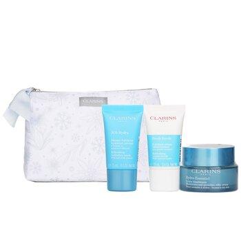 Clarins Hydration Collection: Hydra-Essentiel Silky Cream + Fresh Scrub + SOS Hydra Mask + Pouch 3 products +pouch