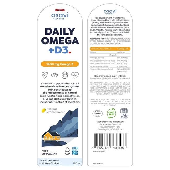 Osavi Daily Omega + D3 1600mg Omega 3 Natural Lemon 250ml