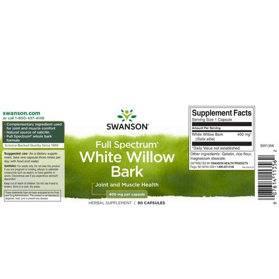 Swanson Full Spectrum White Willow Bark 400mg Capsules 90 Capsules