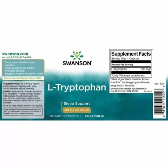 Swanson L-Tryptophan 500mg Capsules 60 Capsules